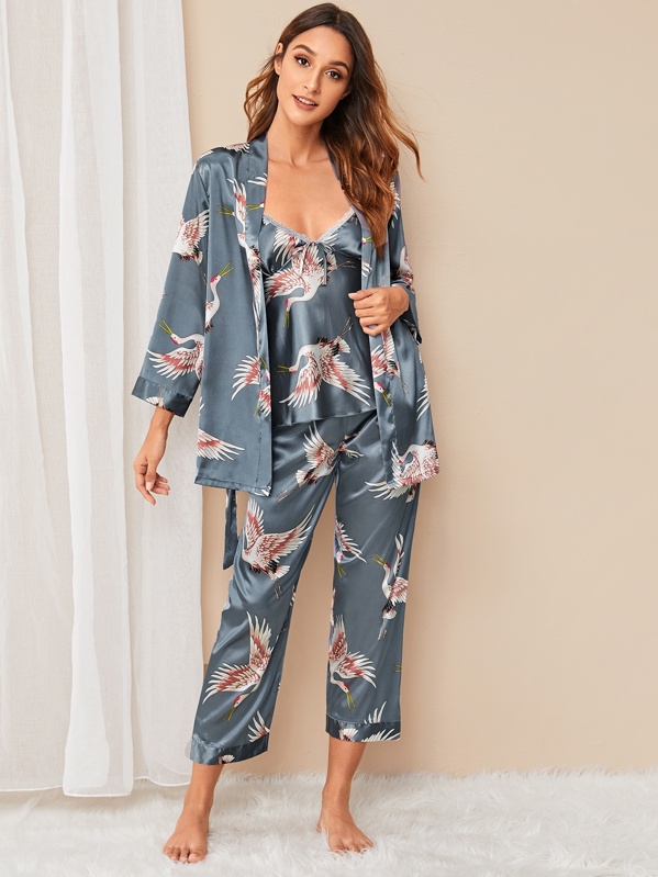 

3Pcs Crane Print Satin Cami PJ Set With Robe, Multicolor, Gabi B