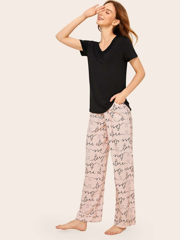 

Letter & Heart Print Pajama Set, Multicolor, Tory