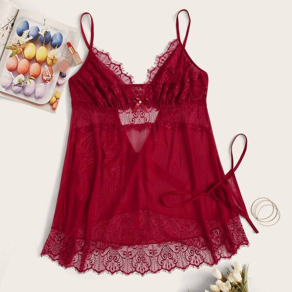 

Plus Contrast Lace Slips With Thong, Red