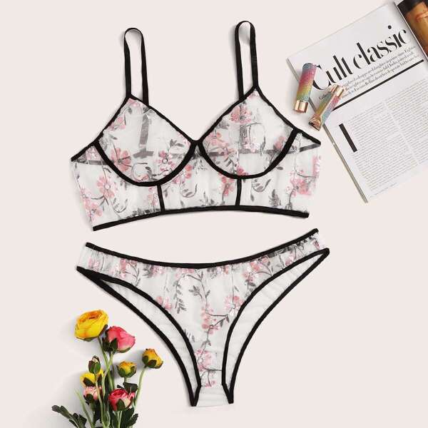 

Plus Embroidery Sheer Mesh Lingerie Set, Multicolor