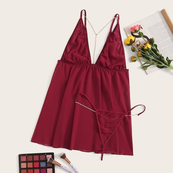 

Plus Harness Ruched Slips With Thong, Burgundy