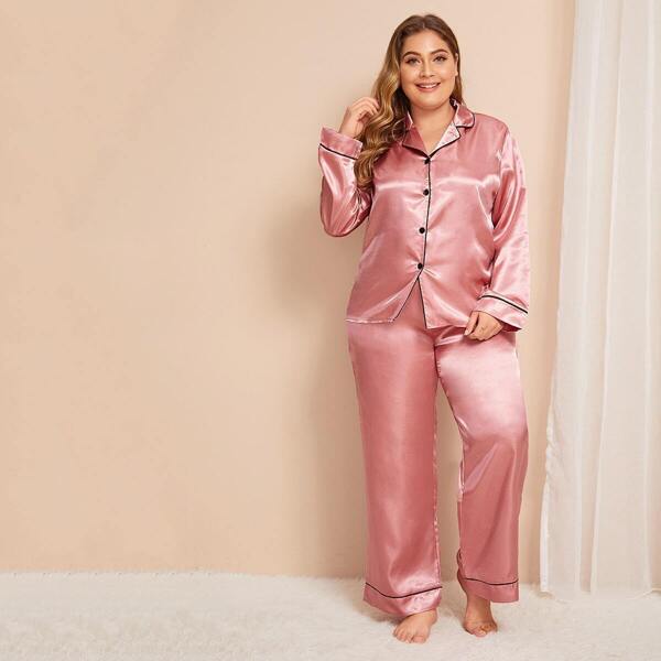 

Plus Contrast Binding Satin Pajama Set