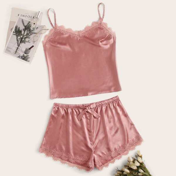 

Plus Lace Trim Satin Cami Pajama Set