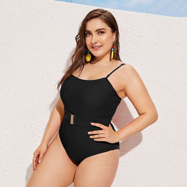 

Plus Spaghetti Strap One Piece Swimwear With Belt, Black