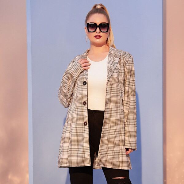 

Plus Plaid Lapel Collar Longline Blazer, Multicolor