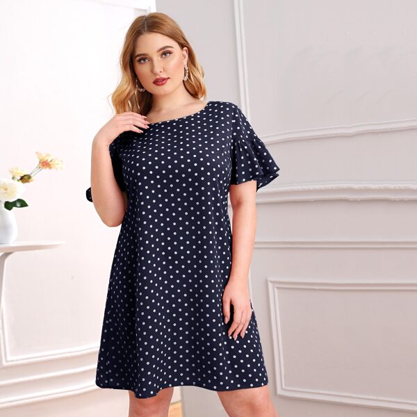 

Plus Ruffle Cuff Polka Dot Dress, Navy blue