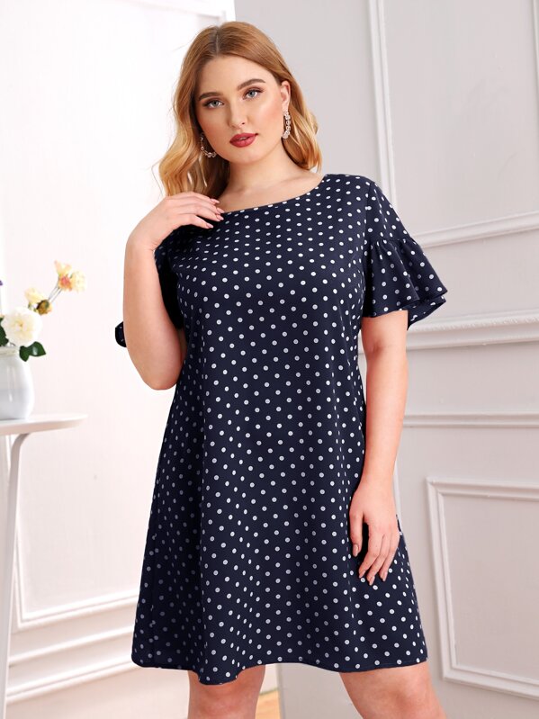 

Plus Ruffle Cuff Polka Dot Dress, Navy, Nora