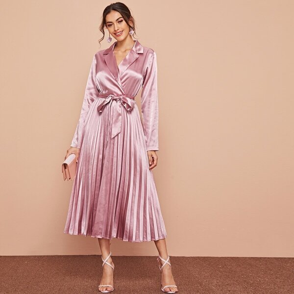 

Notch Neck Self Belted Pleated Satin Dress