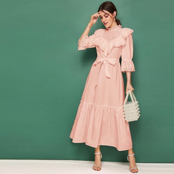 

Embroidered Eyelet Ruffle Trim Self Belted Dress, Pink pastel