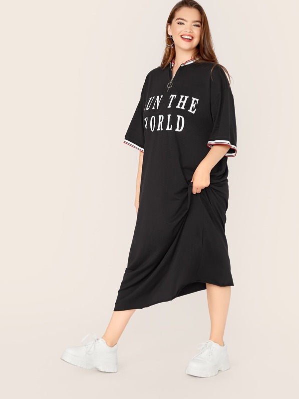 

Plus Zip Half Placket Slogan Print Striped Ringer Dress, Black, Faith Bowman