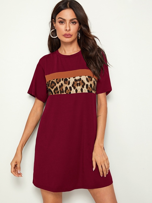 

Leopard Print Tee Dress, Burgundy, Andy