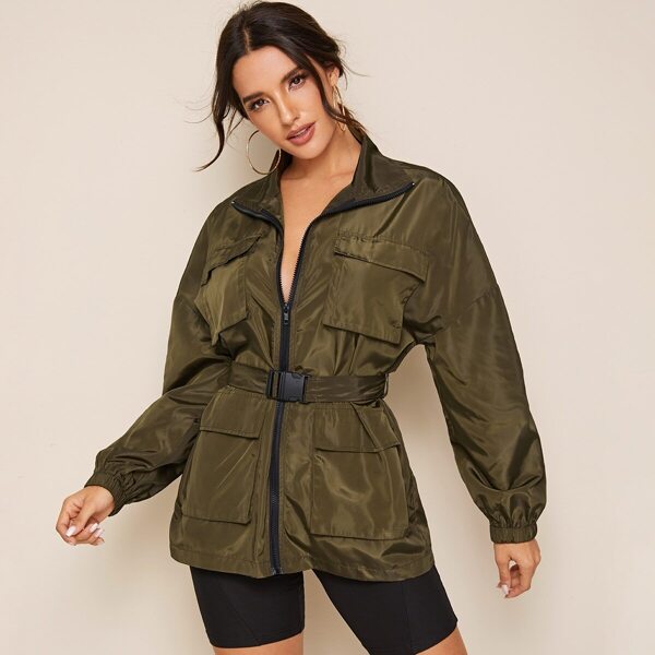 

Zip Up Pocket Patched Coat With Push Buckle Belt, Army green