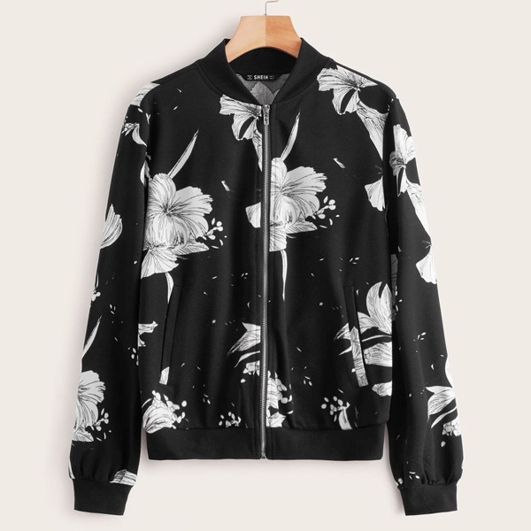 

Floral Print Zip Front Jacket, Multicolor