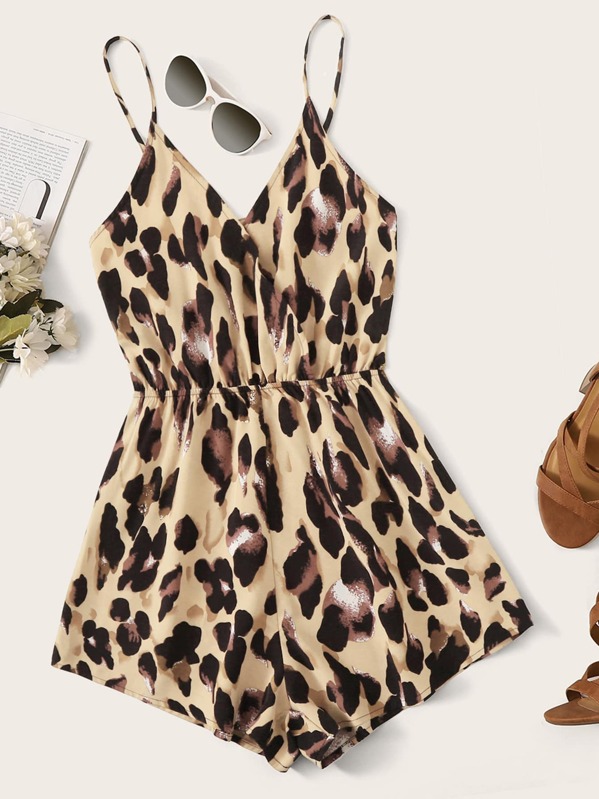 

Surplice Neck Leopard Print Cami Romper, Multicolor
