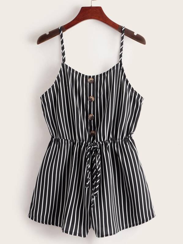 

Button Detail Drawstring Waist Striped Cami Romper, Black