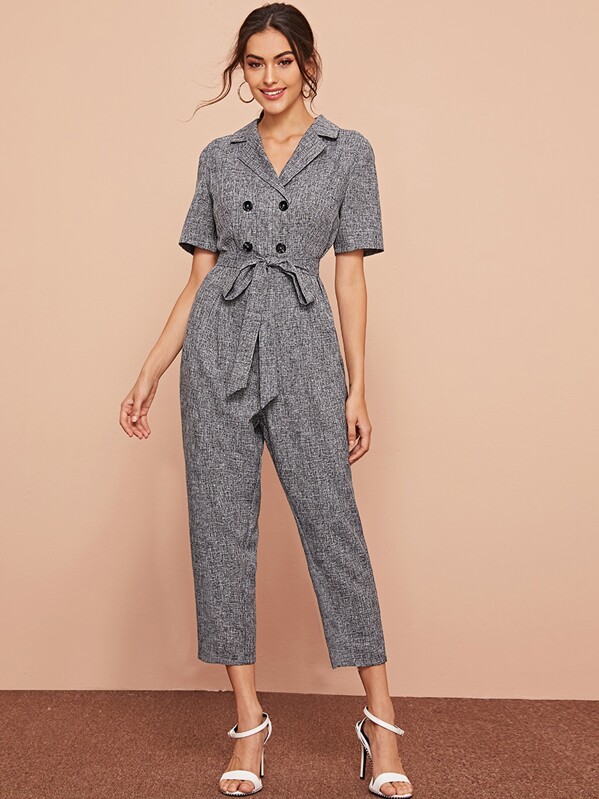 

Notched Collar Buttoned Belted Jumpsuit, Grey, Carol A