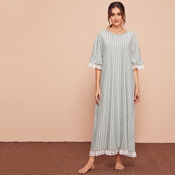

Drop Shoulder Lace Trim Striped Nightdress