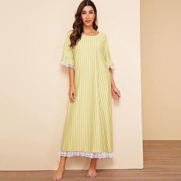 

Striped Lace Trim Flounce Sleeve Night Dress, Yellow pastel