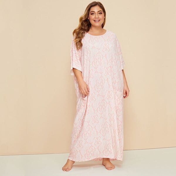 

Plus Geo Print Batwing Sleeve Patch Pocket Nightdress, Pink pastel