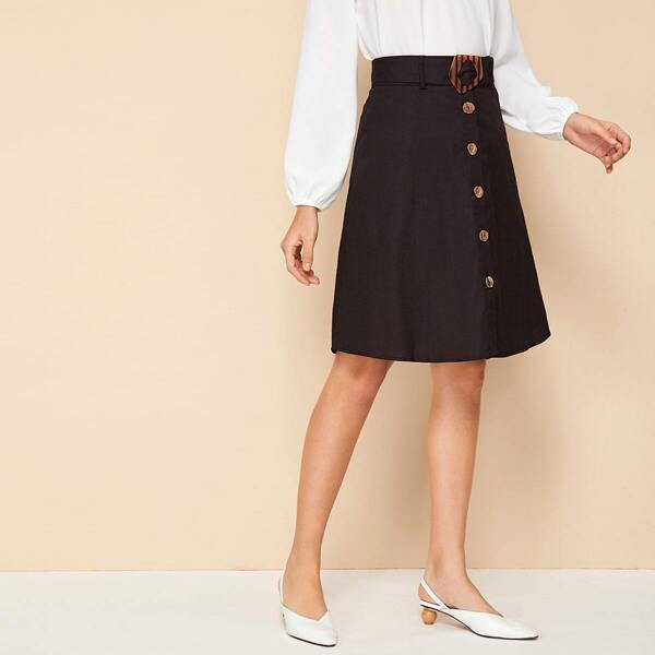 

Button Front Belted Midi Skirt
