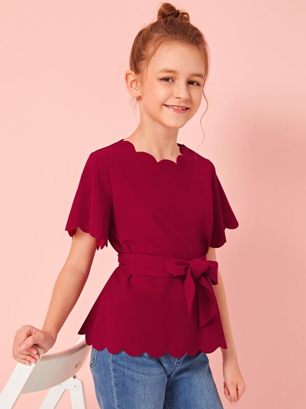 

Girls Scalloped Trim Textured Top With Belt, Burgundy, Sashab