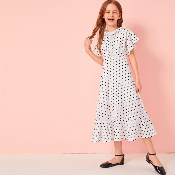 

Girls Ruffle Trim Pleated Front Dot Print Flare Dress, White