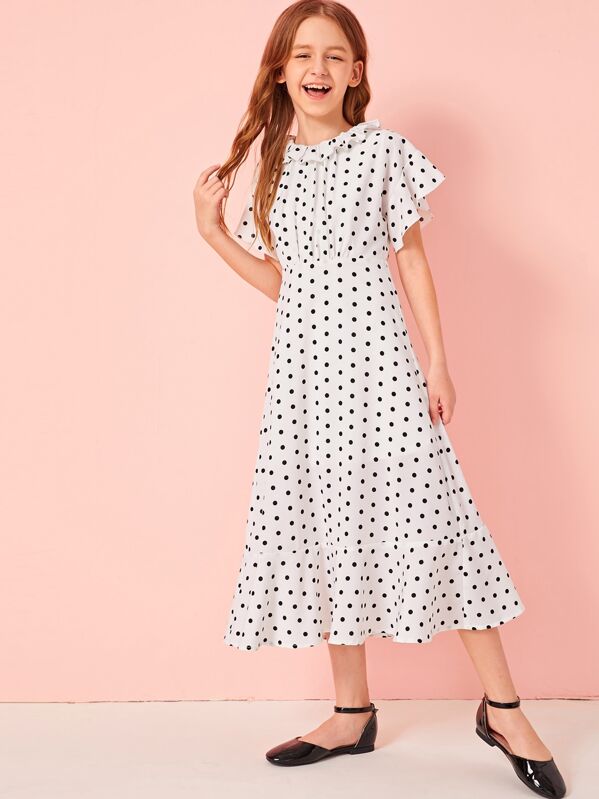 

Girls Ruffle Trim Pleated Front Dot Print Flare Dress, White, Sashab