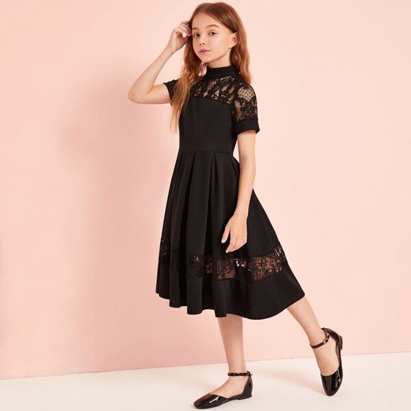 

Girls Mock-Neck Lace Yoke Boxy Pleated Flared Dress, Black