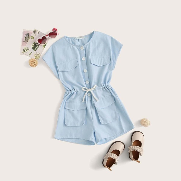 

Girls Buttoned Flap Pocket Patched Drawstring Waist Romper