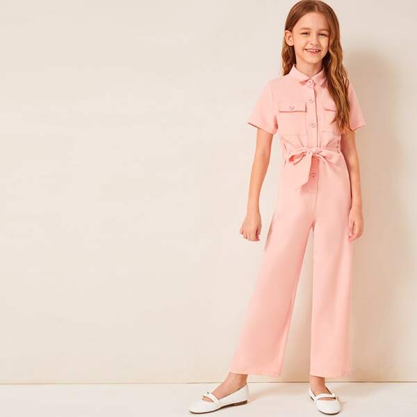 

Girls Button Front Flap Pocket Belted Palazzo Jumpsuit, Pink pastel