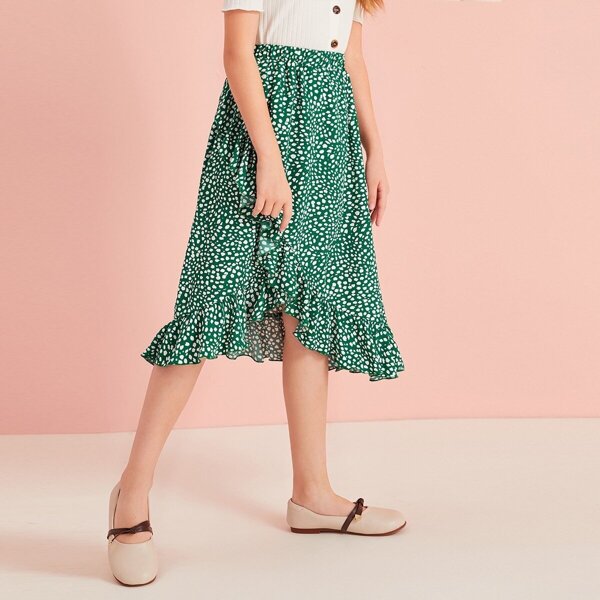 

Girls Ruffle Trim Asymmetrical Hem Dalmatian Skirt, Green