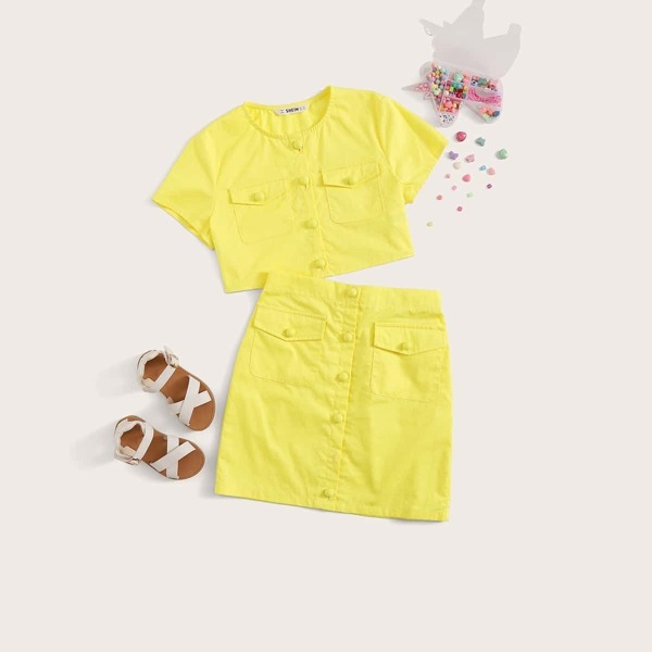 

Girls Flap Pocket Front Button Up Top and Skirt Set, Yellow