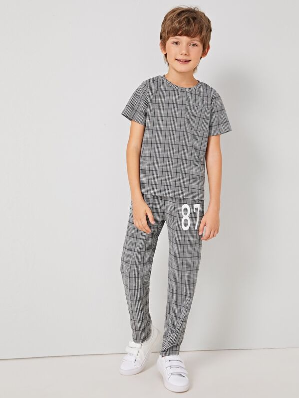 

Boys Plaid Pocket Top & Number Pants Set, Grey, Bogdan