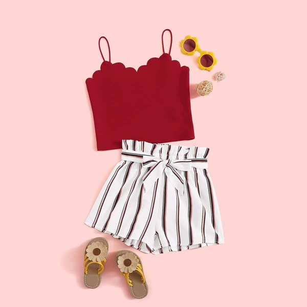 

Girls Scallop Trim Cami Top & Paperbag Waist Belted Shorts Set, Multicolor