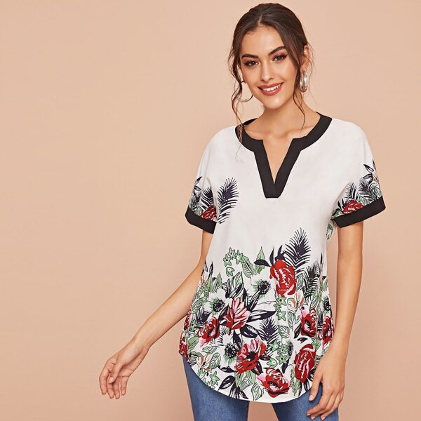 

V-cut Neck Contrast Trim Curved Hem Top, Black and white