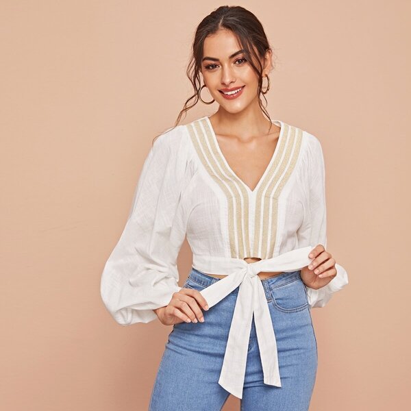 

Glitter Striped Tape Front Tie Hem Lantern Sleeve Top, White