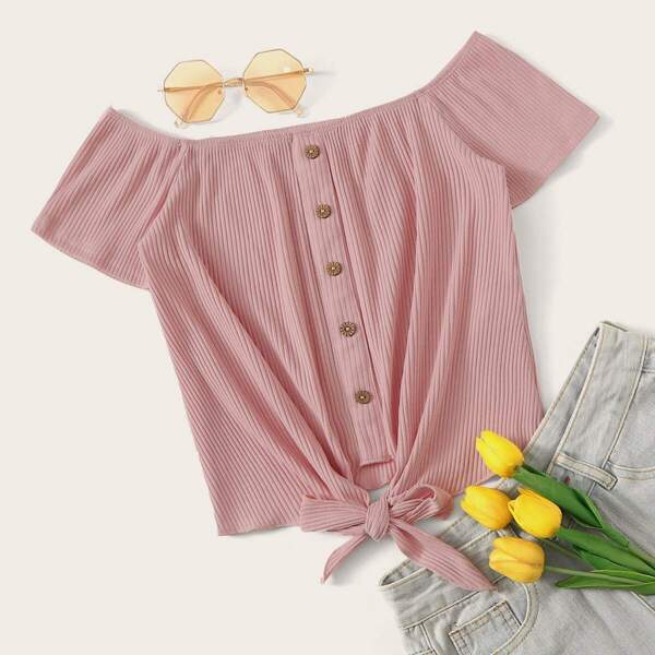 

Button Front Tie Hem Rib-knit Bardot Top, Pink pastel
