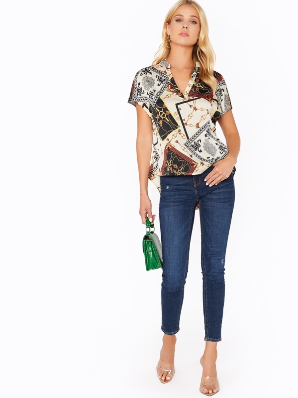 

V-neck High-low Hem Scarf Print Top, Multicolor, Allie Leggett