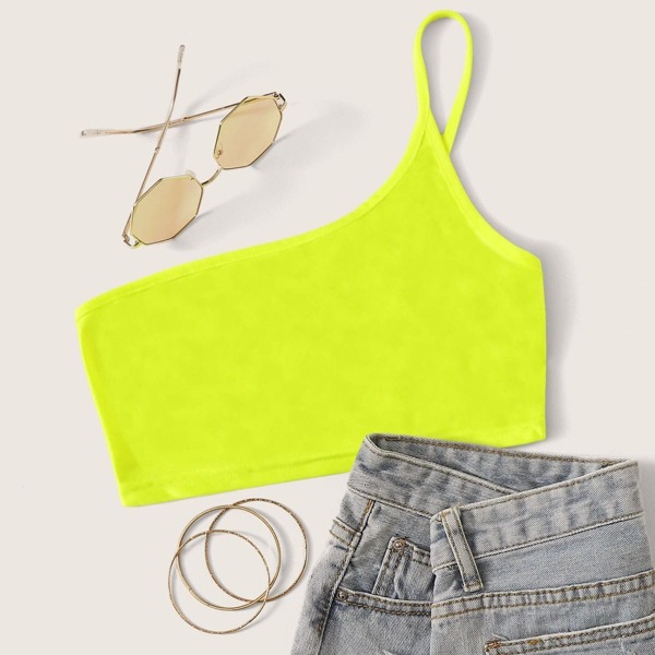 

Neon Green One Shoulder Crop Top, Green bright