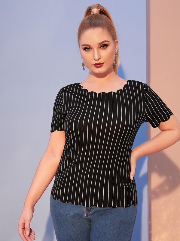 

Plus Scallop Trim Striped Top, Black, Nora