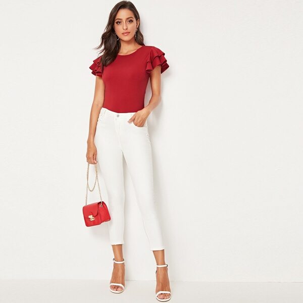 

Layered Flutter Sleeve Form Fitted Solid Bodysuit