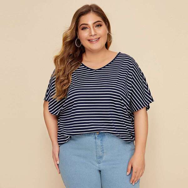 

Plus V-neck Batwing Sleeve Striped Top, Navy