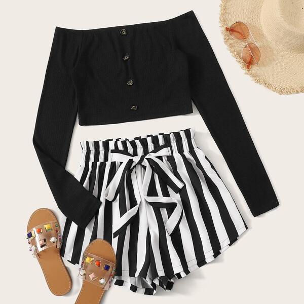 

Button Front Bardot Crop Top & Paperbag Waist Striped Shorts Set, Black and white