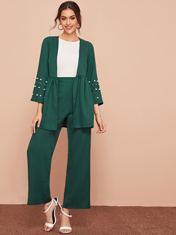 

Pearls Beaded Coat & Wide Leg Pants Set, Green, Carol A