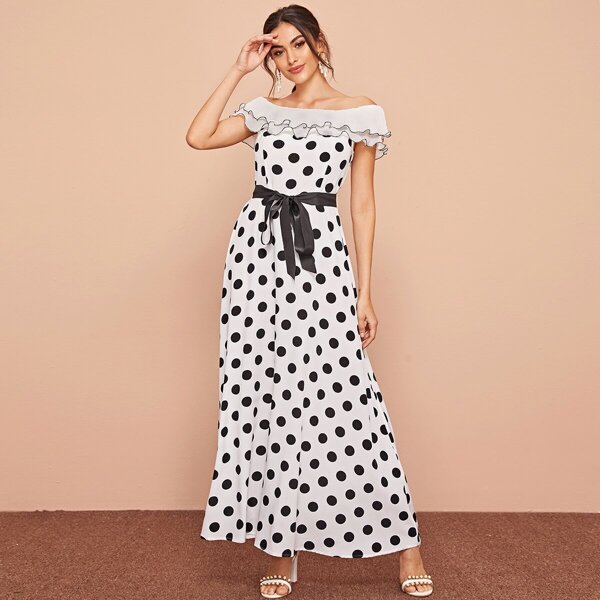 

Off Shoulder Lettuce Trim Foldover Polka Dot Dress, Black and white