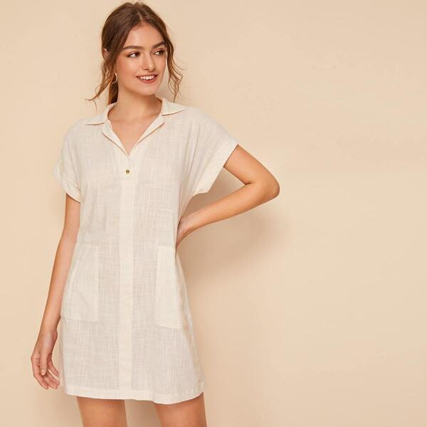 

Rolled Sleeve Button Front Pocket Side Dress, Beige
