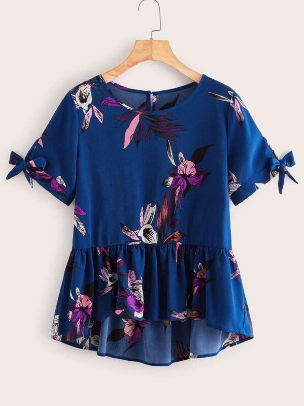 

Floral Print Knot Cuff Dip Hem Blouse, Blue