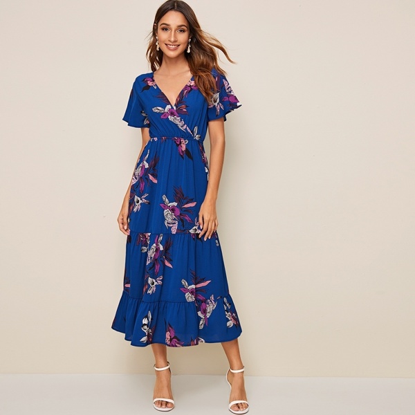 

Floral Print Surplice Ruffle Hem Dress, Blue
