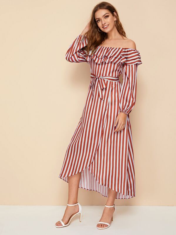 

Off the Shoulder Asymmetrical Hem Striped Dress, Red, Luiza