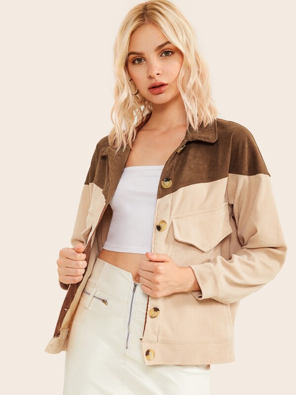 

Dual Flap Front Two Tone Corduroy Jacket, Khaki, Lef